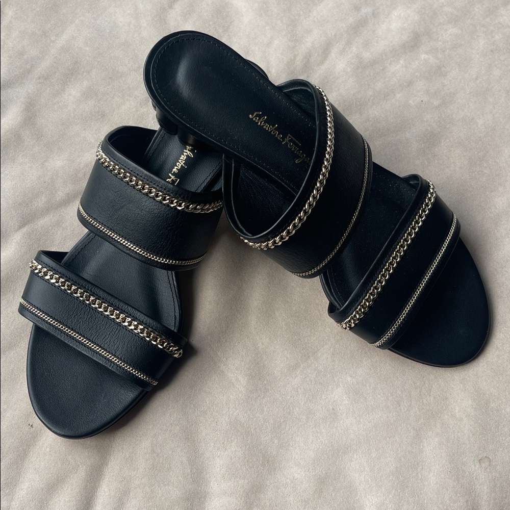 Salvatore Ferragamo Black and Gold Chain Belluno Sandals size 6B